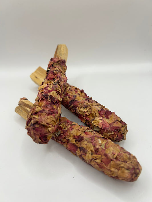 Rose petal rolled palo santo stick