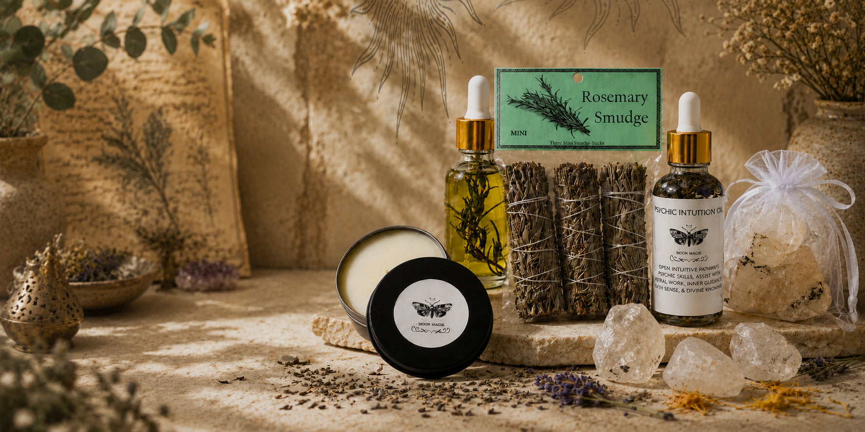 Rosemary smudge bundles, herbal oils, candles, crystals, and dried flowers arranged in a warm, rustic setting.