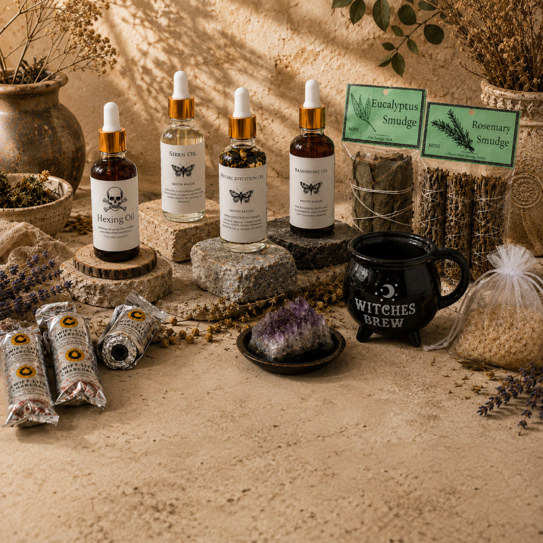 Eucalyptus and rosemary smudge bundles, herbal oils, crystals, and a “Witches Brew” mug arranged in a rustic, mystical setting.