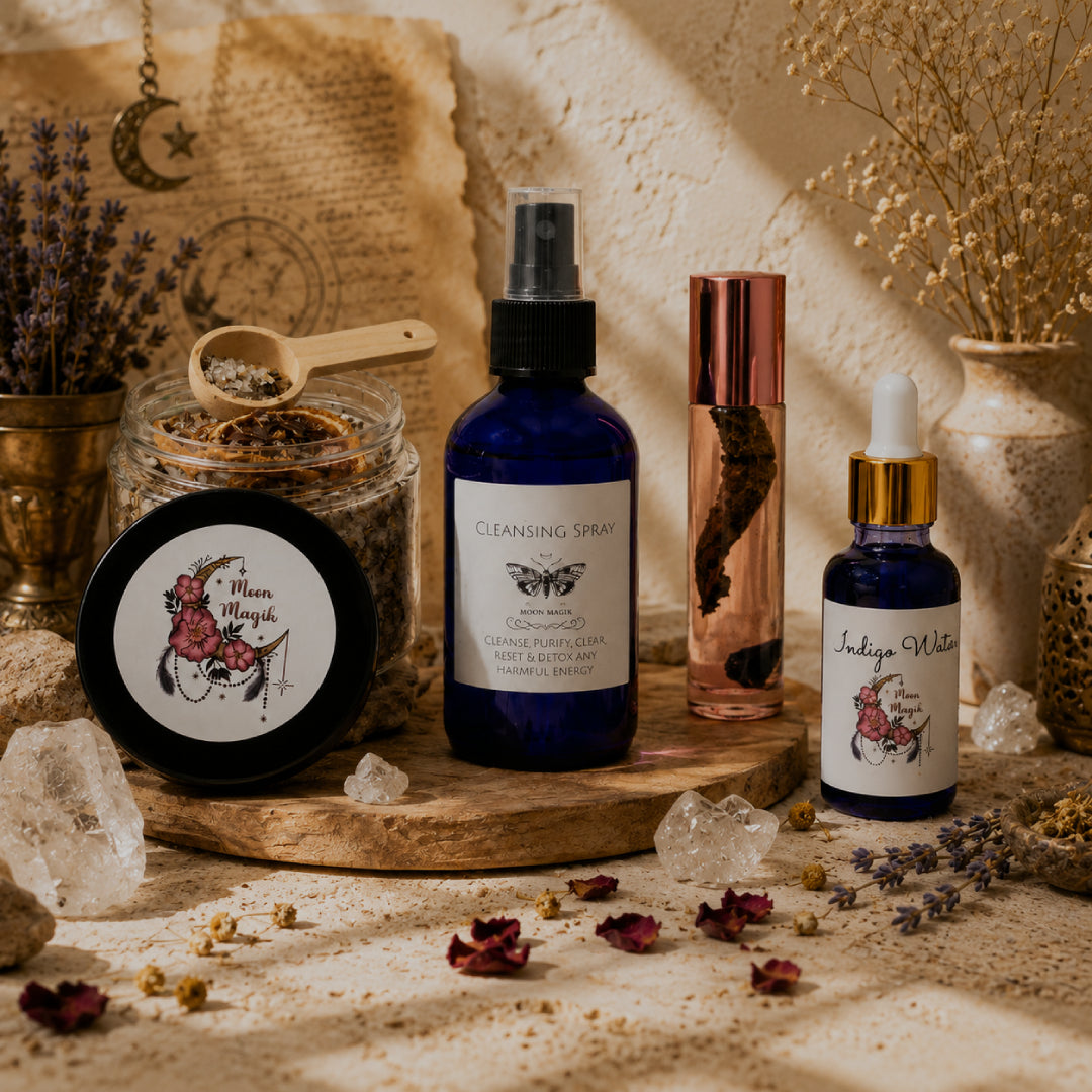 Blue cleansing spray, indigo oil, herbal jar, crystals, and dried flowers arranged in a warm, mystical setting.