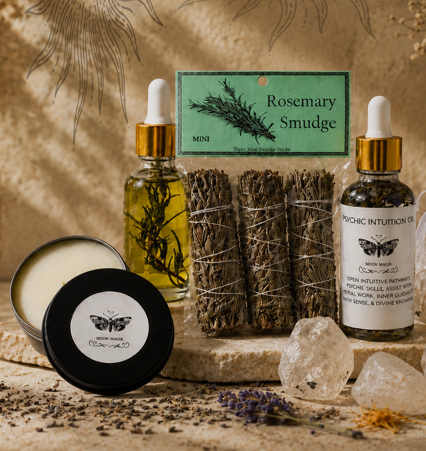 Rosemary smudge bundles, herbal oils, candles, crystals, and dried flowers arranged in a warm, rustic setting.